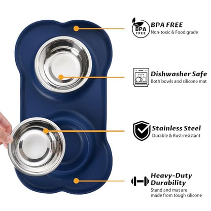 Hubulk Pet Dog Bowls 2 Stainless Steel Dog Bowl with No Spill Non-Skid Silicone Mat + Pet Food Scoop Water and Food Feeder Bowls for Feeding Small Medium Large Dogs Cats Puppies (Medium, Navy Blue) - color: Navy Blue, size: Medium