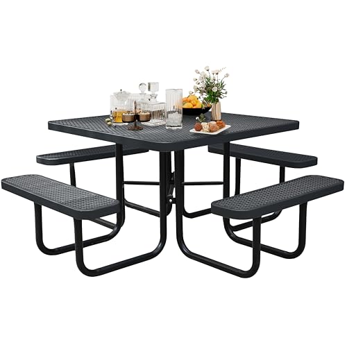 46'' Square Metal Picnic Table for Outdoors, Commercial Steel Metal Picnic Tables, Heavy Duty Sturdy Picnic Tables Furniture Set for Patio Garden Courtyard BBQ, with Umbrella Hole, Black - color: Black, size: 46in Square