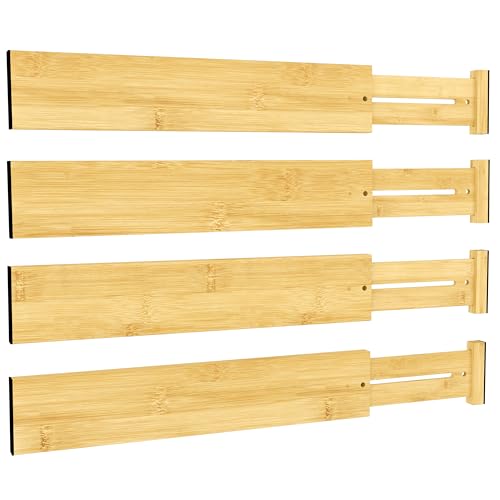 BAMEOS Bamboo Expandable Drawer Dividers – Fits 16.65"–22" Drawers, 3" Deep Walls, Set of 4 | Taller Spring-Loaded Separator Keeps Items Upright in Kitchen & Dresser Drawers - size: 3''H, 16.65''-22''L