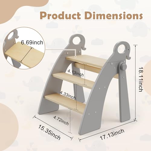 Wooden 3 Step Stool for Kids Bathroom Sink Foldable Anti-Slip, Child Stepping Stool for Kitchen Nursery Bedroom, Sturdy Non Slip Adult Stool for Closet - color: Grey Ele