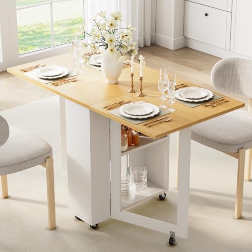 LotFun Folding Dining Table, Space-Saving Dining Table with 6 Rolling Wheels and 2-Tier Storage Shelf, Kitchen Table for Small Spaces - color: White