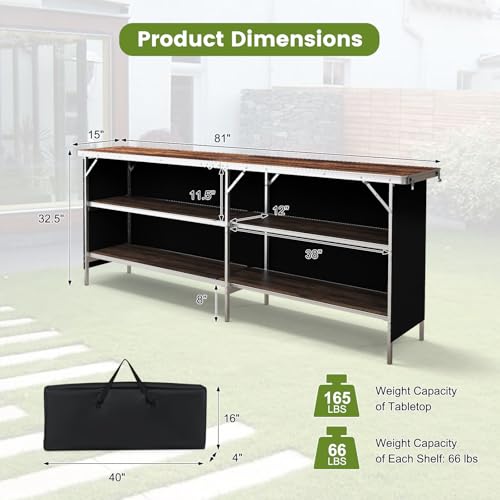 COSTWAY 81" Folding Picnic Table, Portable Bar Table with Carry Bag, Lightweight Aluminum Food Prep Station with 2 Shelves, Quick Set-up, BBQ, Party, Backyard, Brown - color: Brown, size: 81"W x 32.5"H