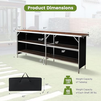 COSTWAY 81" Folding Picnic Table, Portable Bar Table with Carry Bag, Lightweight Aluminum Food Prep Station with 2 Shelves, Quick Set-up, BBQ, Party, Backyard, Brown - color: Brown, size: 81"W x 32.5"H