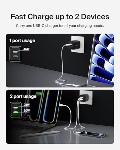 Belkin 45W Dual USB C Charger Block, PD3.0 w/ GaN - Super Fast Charging - Samsung Galaxy S25, Apple iPhone 17, Air, Pro, Pro Max, iPad, MacBook, AirPods, Apple Watch, Nintendo Switch 2 & More - Black - style: 45W Black