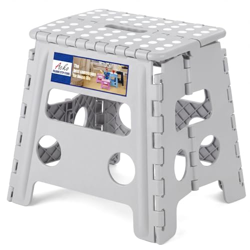 ACKO Folding Step Stool Foldable Stool 13 inch Plastic Stools for Kids and Adults Up to 300 lbs,Stepping Foot Stool with Portable Handle for Kitchen Closet Bedroom (Grey) - color: Gray, size: 13 Inch