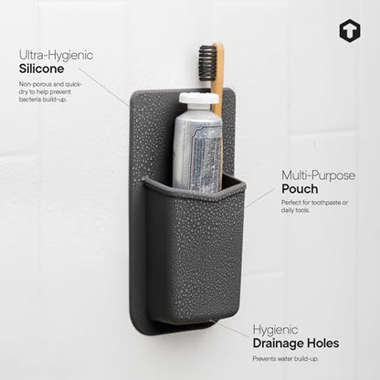 TOOLETRIES The Henry Essentials Holder, Silicone Bathroom & Shower Organizer for Toothbrush, Toothpaste, Razor & Toiletries, Reusable Strong Grip No-Residue Adhesive Holder - Charcoal