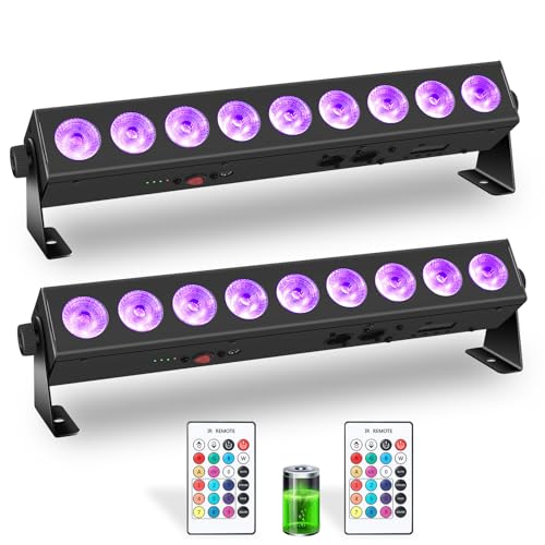 Rechargeable Stage Lights Bar,2Pack 9 LED RGBWA+UV Battery Powered DJ Light Strip Built-in 5200mAh Battery Remote Control DMX512 Sound Activated Uplights for Church Events Wedding Disco Party