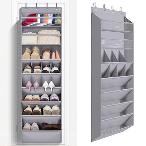 FENTEC 1 Pack Over The Door Shoe Organizer,68" Exlarge Deep Pockets Hanging Shoe Organizers, 8 Shelves Shoe Rack for Closet, Shoe Holder for Boots,Over Door Organizer in Home, RV, Dorm, Grey - color: GREY, size: 25+ Pairs