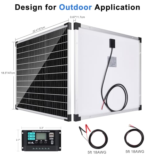 TBER 50W/12V Solar Panel Kit with 10A Charge Controller, Monocrystalline Solar Battery Trickle Charger Maintainer for Automotive Motorcycle Boat Marine RV Camping RV Farm Other Off-Grid Applications - size: 50W