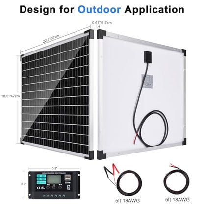 TBER 50W/12V Solar Panel Kit with 10A Charge Controller, Monocrystalline Solar Battery Trickle Charger Maintainer for Automotive Motorcycle Boat Marine RV Camping RV Farm Other Off-Grid Applications - size: 50W