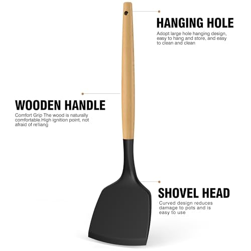 oannao Silicone Cooking Utensils Set Utensil Sets - 446°F Heat Resistant Silicone Kitchen Utensils Set Wooden Handles, Silicone Utensils for Cooking w Holder for Non-Stick Cookware BPA FREE (Black) - color: Black