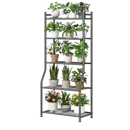 Ekisemio 5-Tier Plant Stands Outdoor with Hooks, Metal 63.5" Tall Plant Shelves Indoor for Hanging Planter, Black