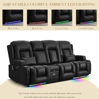 TUNYI Power Loveseat Recliner Sofa with Massage & Heat Home Theater Seating with Console RV Recliner Loveseat Sofa with USB/Storage/Side Pocket/LED Light/Speaker (Black, 3 Seat with Console) - color: Black, size: 3 Seat with console