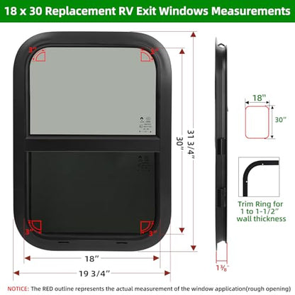 RV Window,Camper Replacement Vertical Sliding RV Window for Cargo Trailer Utility Travel Trailer Cargo Van Truck SUV 18" W x 30" H,Fit 15/16" or 1-3/8" Thick Wall,Allow Error 1/16",DOT Approved - size: 18"W x 30"H