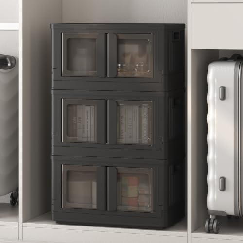 FLEXIMOUNTS 110 QT Stackable Storage Bins With Lids, Collapsible Plastic Storage Bins With Doors and Built-in Wheels For Home Dorm Organizers and Storage, 3 Pack Cubes, Black - color: Black, size: 37 Qt-3 Pack