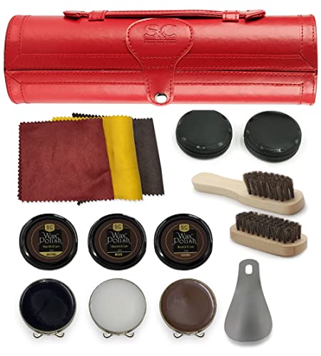 Stone and Clark Original Shoe Polish & Care Kit - Leather Shoe Shine Kit for Men & Women - style: Hot Red