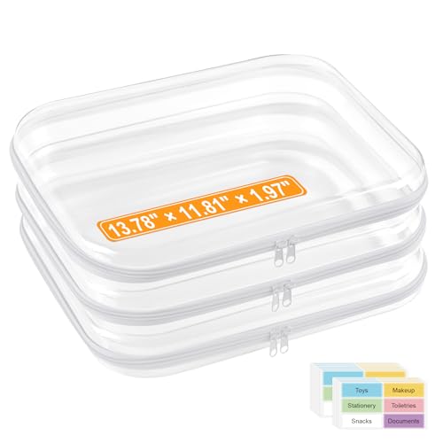 3 Pack Extra Large Clear Hard Shell Zipper Case with Labels, Travel Toiletry Pouch Makeup Organizer, Clear Diaper Bag, Hard Plastic Storage Bins for Board Game Toy Puzzle Stationery, White - color: White