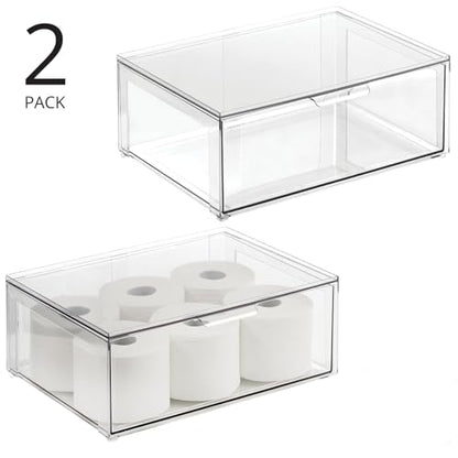mDesign Plastic Stackable Bathroom Storage Organizer Bin Containers with Front Pull Drawer for Bathroom Countertop, Vanity, Closet Shelves - Holder for Accessories - Lumiere Collection, 2 Pack, Clear - size: 16 x 12 x 6 (Pack of 2)