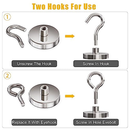 Neodymium Heavy Duty Magnet Hooks, 200 lbs Fishing Magnets 1.65 Inch Magnets with Countersunk Hole (Hook & Eyebolt) Included for Fishing, Workplace, Home (Silver, Pack 6) - size: 6 Pack