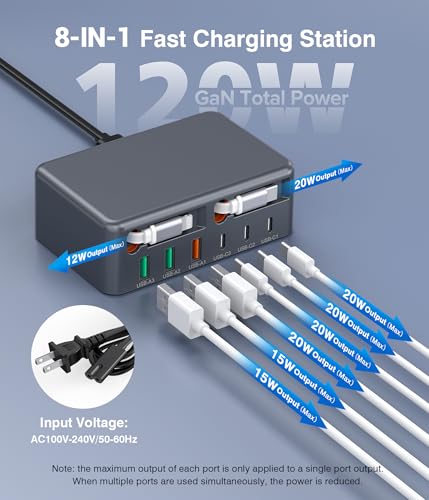 2026 Updated USB-C Fast Charging Station, 120W GaN 8-Port Retractable Charger Adapter, Includes 2.3ft Lightning+Type-C Dual Cable, Wall Charger Block Plug Cube for iPhone 17/16/15,iPad,Pixel, Galaxy