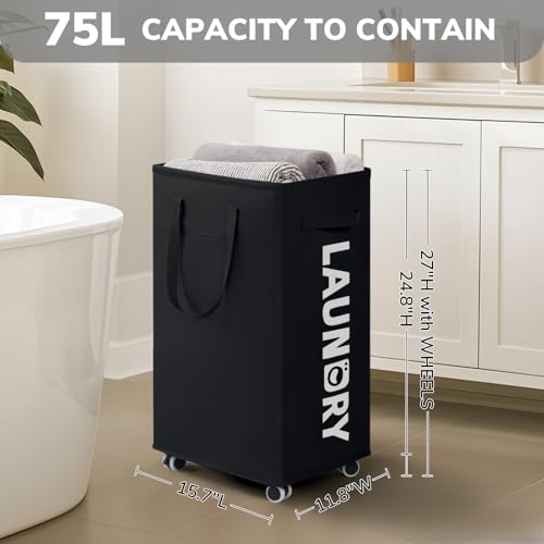 Goodpick Black Laundry Hamper with Wheels, 75L Dirty Clothes Hamper with Removable Wash Bag for Laundry Room, Rolling Laundry Basket - color: Black 1-Pack