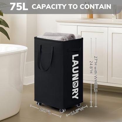 Goodpick Black Laundry Hamper with Wheels, 75L Dirty Clothes Hamper with Removable Wash Bag for Laundry Room, Rolling Laundry Basket - color: Black 1-Pack