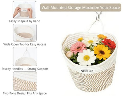 Coeusy 2 Pack Hanging Basket, Boho Wall Basket Hanging for Bathroom,Nursery,Door, Cotton Rope Hanging Wall Basket for Plants,Flowers,Clothes