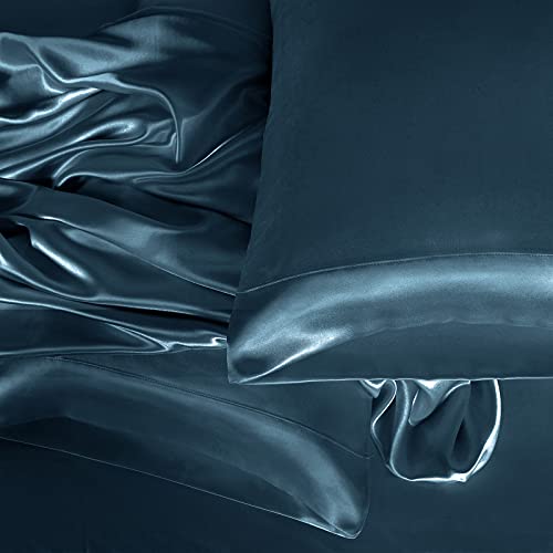 Homiest 3pcs Satin Sheets Set Luxury Silky Satin Bedding Set with Deep Pocket, 1 Fitted Sheet + 1 Flat Sheet + 1 Pillowcase (Twin XL Size, Deep Sea Blue) - color: Deep Sea Blue, size: Deep pocket - Twin XL size