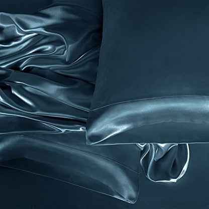 Homiest 3pcs Satin Sheets Set Luxury Silky Satin Bedding Set with Deep Pocket, 1 Fitted Sheet + 1 Flat Sheet + 1 Pillowcase (Twin XL Size, Deep Sea Blue) - color: Deep Sea Blue, size: Deep pocket - Twin XL size