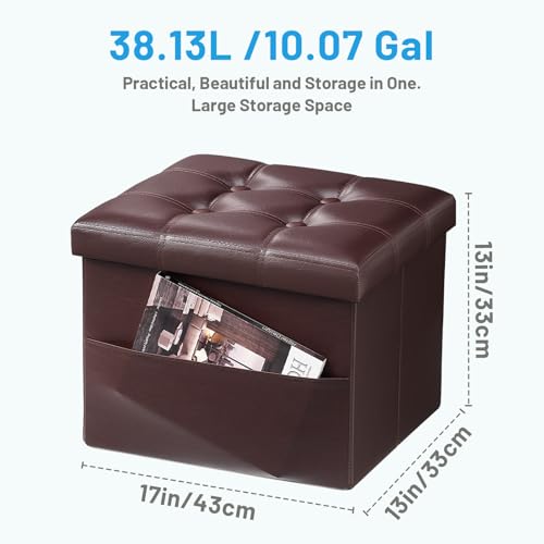 Bsketa Storage Ottoman Foot Rest Stool, Small Leather Storage Ottomans Bench, Folding Footstool with Side Pockets, Foot Rest Under Desk for Living Room Bedroom, 17x13x13 in, Brown - color: Brown-with Side Pockets.