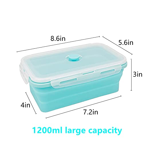 CARTINTS Large Collapsible Camping Food Containers, 1200ml Silicone Lunch Container, Microwave Safe Reusable Meal Prep Container For Indoor&Outdoor Kitchen With Foldable Spoon, Blue