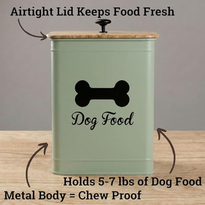 Dog Food Container Airtight 5-7 lb (25 Cup) Capacity - Cute Airtight Dog Food Storage Container with Bamboo Lid & Sturdy Metal Handle - Green Metal Kibble Storage Bin for Dogs up to 50 lbs - Pet Jar - color: Sage Green