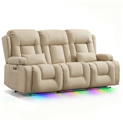 TUNYI Power Loveseat Recliner Sofa with Massage & Heat Home Theater Seating with Console RV Recliner Loveseat Sofa with USB/Storage/Side Pocket/LED Light/Speaker (Beige, 3 Seat) - color: Beige, size: 3 Seat