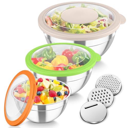TeamFar Mixing Bowls, 3PCS Stainless Steel Serving Salad Bowls with Lids & 3 Graters, For Kitchen Mixing/Baking/Storing/Prepping, Visible & Airtight, Easy Clean - 4.5/3 / 1.5 QT, Multi-color - color: Multicolor, style: Transparent Airtight Lids