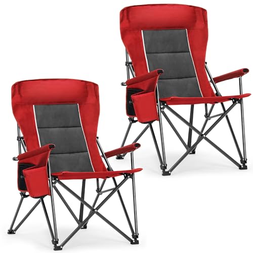 ALPHA CAMP Oversized Folding Camping Chairs for Adults High Backrest Heavy Duty Lawn Chairs Support 500 LBS Portable Camp Chairs with Cup Holders Large Side Pocket Outdoor Chair 2 Pack - color: Red-2
