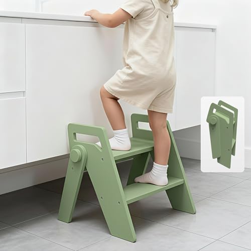 Wooden 2 Step Stool for Toddler Kids Bathroom Foldable 2-Step for Toilet Potty Training, Child Stepping Stool for Kitchen Nursery Bedroom Green - color: Green