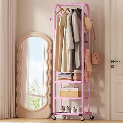 Dttwacoyh Metal Clothing Rack with Wheels and Hanging Hooks,Narrow Coat and Shoe Rack,Small Hall Tree,for Small Space, Bedroom, entryway, Walk-in Closet, Laundry Room– Pink - color: Pink
