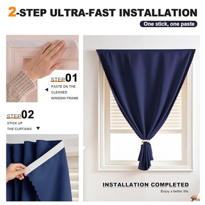 Self Adhesive Curtains - No Drilling, No Rod, Easy to Install Blackout Curtains for Window Blinds,Bedroom(Navy Blue 35 * 59in-1P) - color: Navy Blue, size: 35"W x 59"L (Pack of 1)
