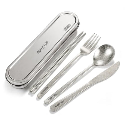 iNKULEER 100% Pure Titanium Travel Cutlery Set | Reusable Utensils with Metal Case | Portable Silverware for Camping, Office, Travel & Outdoor Dining - color: Pure Titanium
