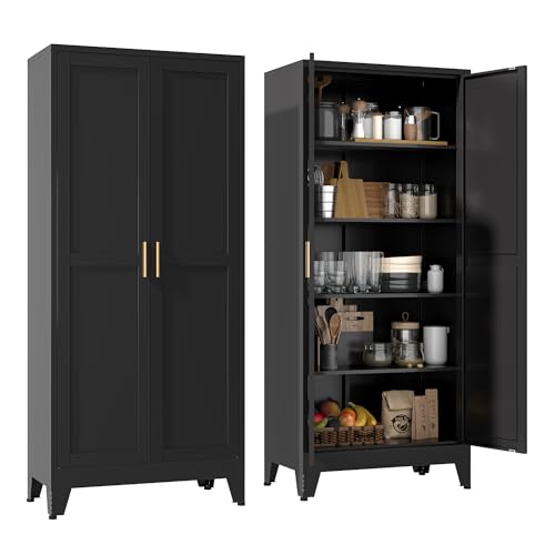 YAUWOH 71''Metal Cabinet with 4 Adjustable Shelves,5-Tier Pantry Storage Cabinet,Kitchen Pantry Cabinet for Living Room,Dining Room, (1PC,Black) - color: Black, size: 71"H-2 Doors