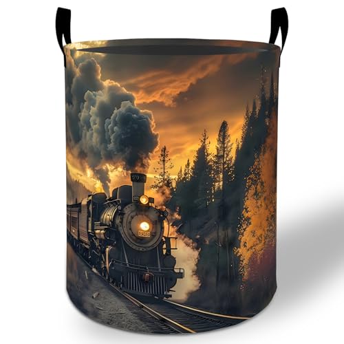 Vintage Train Laundry Basket Hamper 19.7"x15.8", Railroad Foldable Waterproof Oxford Clothes Storage Bucket for Room Bathroom Bedroom Nursery Decor, Toy Organizer Bins Gifts for Kids Boys Girls - style: Vintage Train