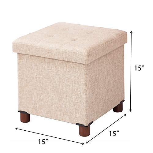 15 Inch Storage Ottoman with Wooden Legs - Cube Foot Rest Stool, Square Footstool, Comfortable Seat with Lid, Foldable Fabric Ottoman, Space-Saving Beige - color: Squ Beige