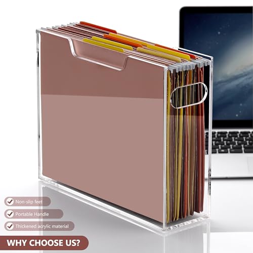 DINGHUO Acrylic File Organizer Box Letter Size Hanging File Organizer, Clear Portable File Folder Box with Handle, Filing Crate Bin Holder for Desk, Office, Home, School - 1 Pack - size: S Letter
