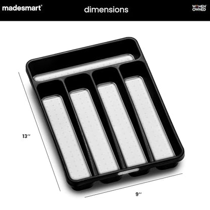 madesmart Classic Compact Silverware Tray with Soft Grip Lining, Carbon | Nonslip feet, 5 compartments, small drawer fit, forks, knives, spoons, cutlery, flatware - color: Carbon