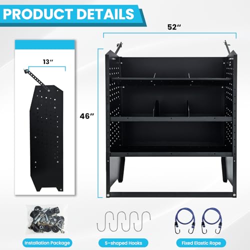 Cargo Van Shelving Storage System Low/Mid/High Roof Steel Van Shelves Fit for Ford Transit,GMC,NV,Chevy Express, Promaster,Sprinter and Metris,52" W x 46" H x 13" D - size: 52" W x 46" H x 13" D