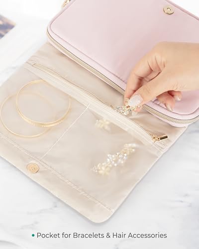 Marscamd Travel Jewelry Organizer Case for Women, Foldable Jewelry Bag for Earrings, Rings, Necklaces, Bracelets, Brooches, Pink - color: Pink