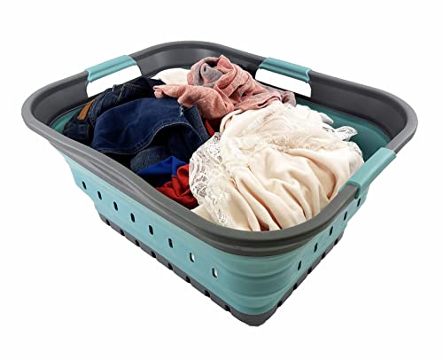 SAMMART 42L (11 gallon) Collapsible Plastic Laundry Basket - Foldable Pop Up Storage Container/Organizer - Space Saving Hamper/Basket (Grey/Crystal Blue) - color: Grey/Crystal Blue