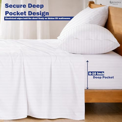 KRISHNA Full Size 4 Piece Egyptian Cotton Sheet Set, Luxury Hotel Quality White Stripe Bed Sheets, Soft Breathable Cooling Bedding, 6-10 Inch Deep Pocket Fitted Sheet - color: White Stripe, size: Full : 54" x 75"