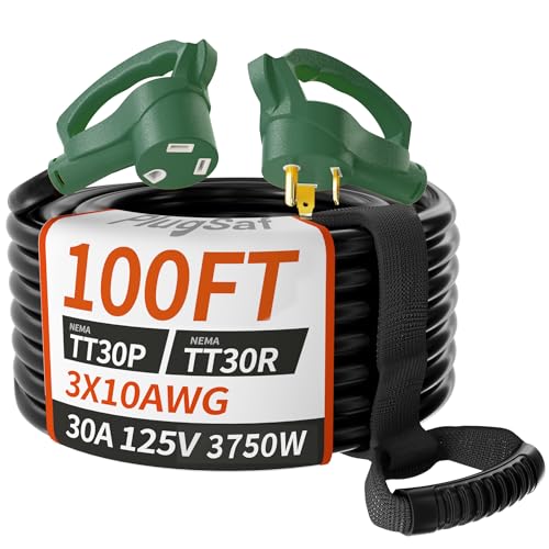 PlugSaf 100 FT 30 Amp RV Extension Cord Outdoor with Grip Handle, Flexible Heavy Duty 10/3 Gauge STW RV Power Cord Waterproof with Cable Organizer, NEMA TT-30P to TT-30R, Black-Green, ETL Listed - size: 100FT, style: 30A（TT-30P/R）