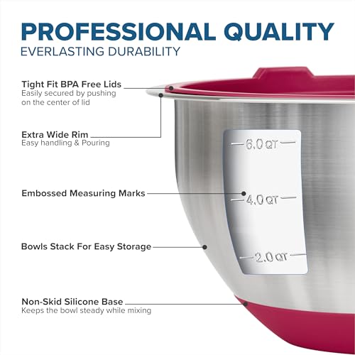 Viking Mixing Bowls Set, 10 Piece Stainless Steel Kitchen Cookware, Non-Slip Silicone Base, Includes Tight Fit Lids, Dishwasher Safe, Red - color: Red